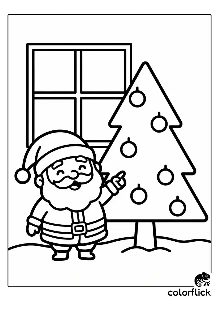 A tiny, chubby chibi Santa Claus standing next to a large, simple triangle Christmas tree decorated with big round ornaments. Santa is pointing happily at the tree. The background features a big square window outline and a simple snowy ground line. Clean black and white vector art.