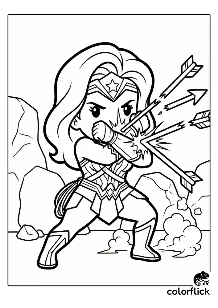 A dynamic chibi Wonder Woman action scene where she uses her indestructible bracelets to block and break incoming arrows amidst a rocky background.