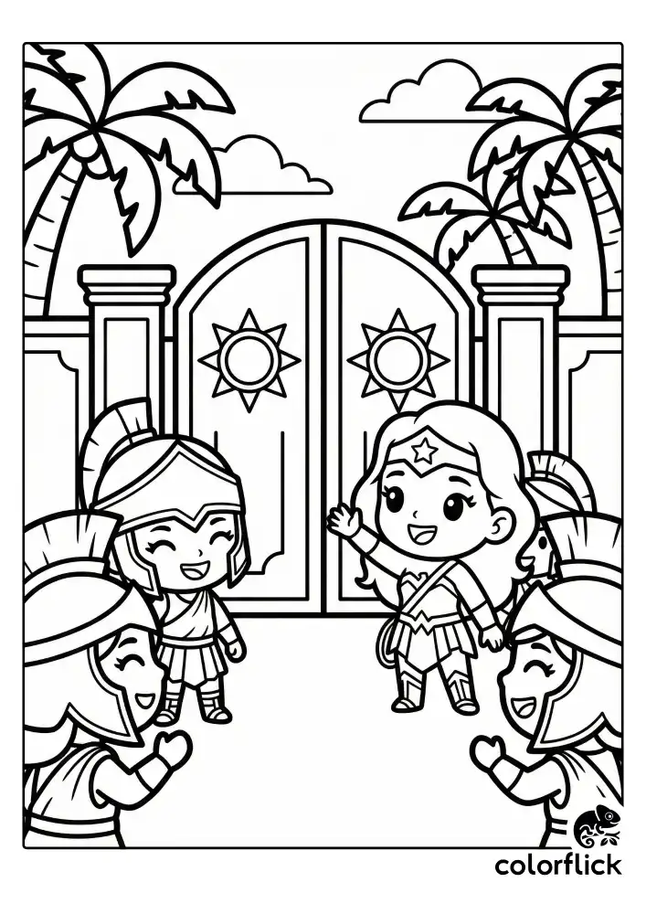 Wonder Woman waving happily to Amazon guards in front of the large, sun-adorned gates of the Themyscira palace.