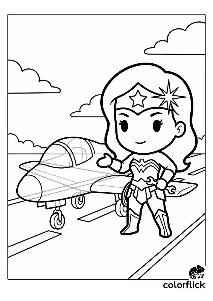 Cute Wonder Woman holding a wrench standing proudly next to her invisible jet on an airport runway, looking ready for repairs or takeoff.