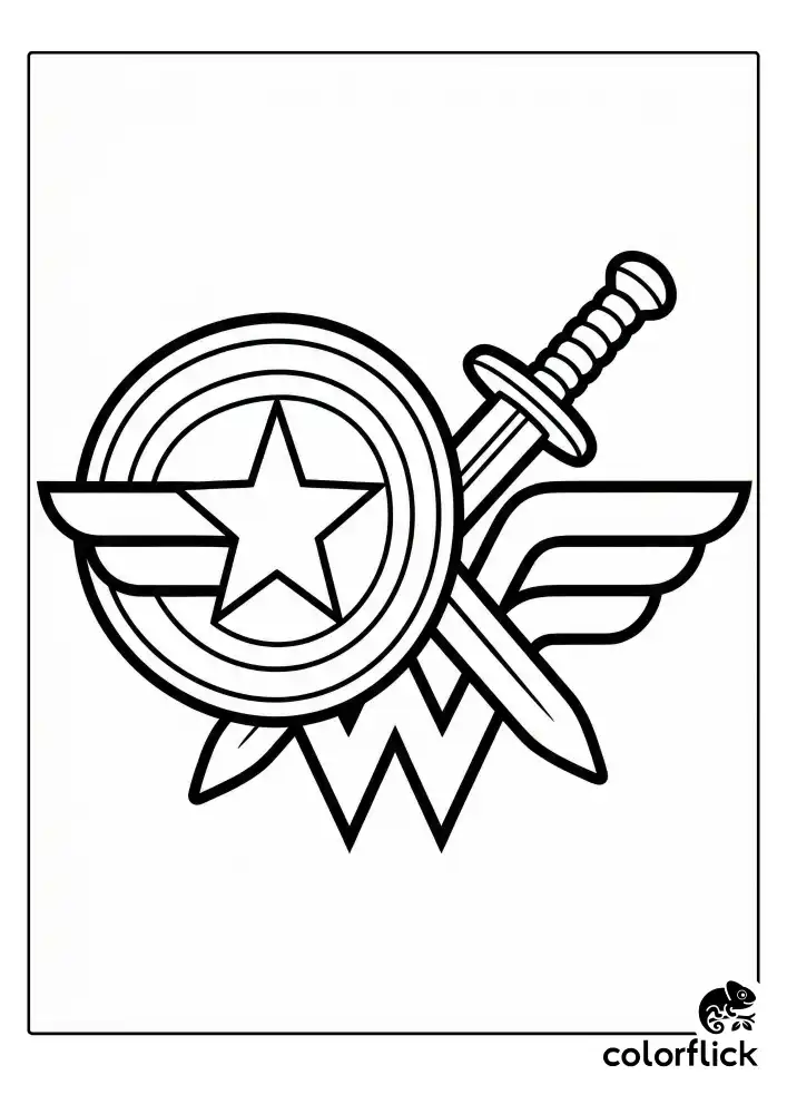 A coloring page featuring the iconic symbols of Wonder Woman, including her star-spangled shield, sword, and winged 'W' emblem arranged in a crest.