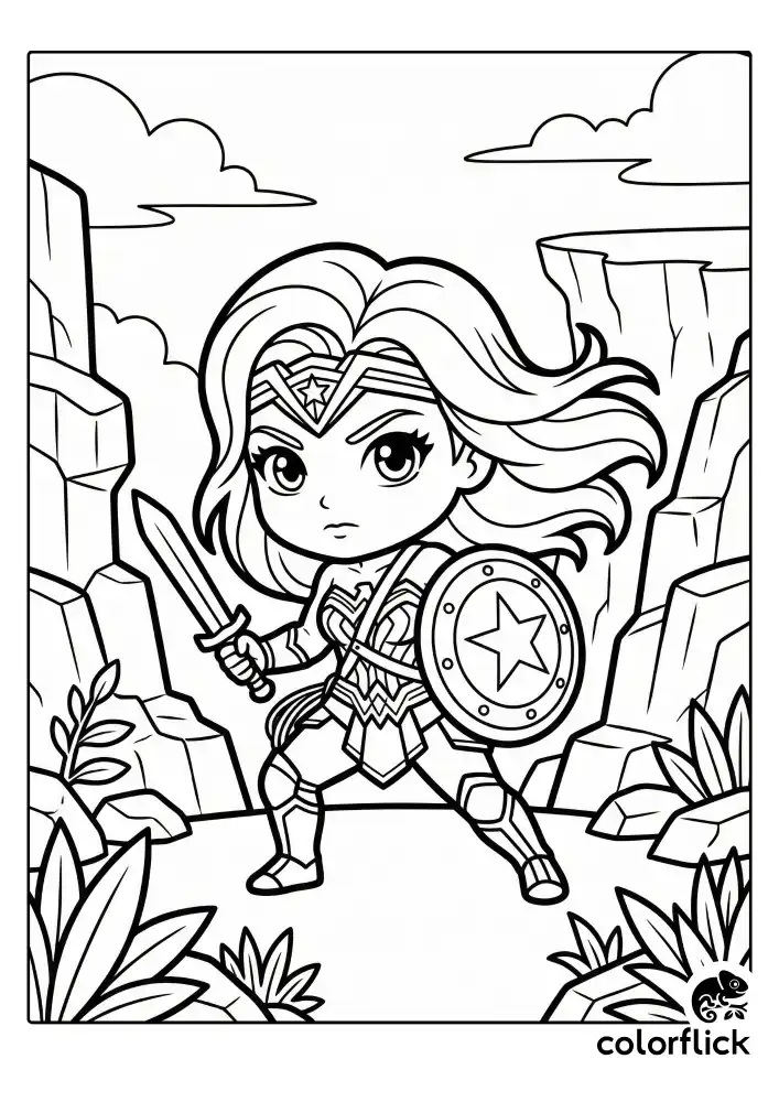 Wonder Woman in a battle-ready pose holding her sword and shield, standing amidst rocky cliffs and foliage.