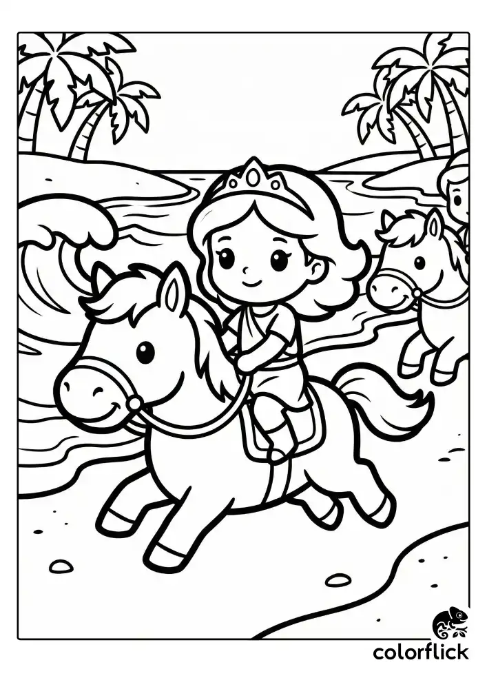 Young Princess Diana riding a cute horse along the shoreline of Themyscira with palm trees and ocean waves in the background.