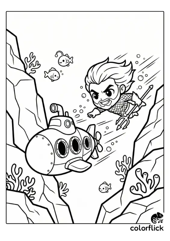 A dynamic illustration of a cute Aquaman swimming fast to catch a fleeing submarine near the ocean floor. The scene features bold outlines of the hero in motion and simple rock details in the background.