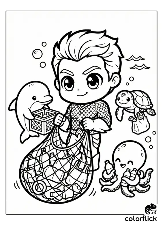 A heartwarming illustration of a chibi Aquaman working together with friendly sea creatures to pick up plastic bottles from the ocean floor. The scene promotes nature conservation with thick, clear outlines suitable for young children.