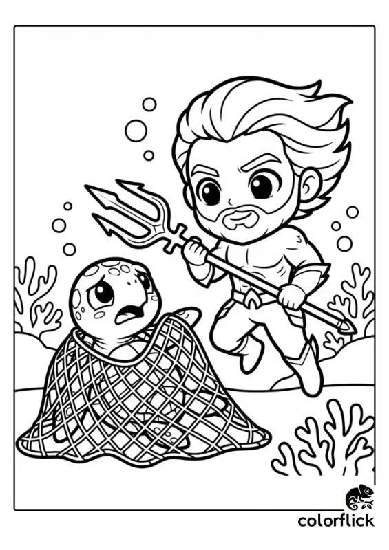 A cute, large-headed Aquaman gently untangling a fishing net from a sea turtle. The minimalist black-and-white drawing uses thick vector lines to show the underwater rescue.