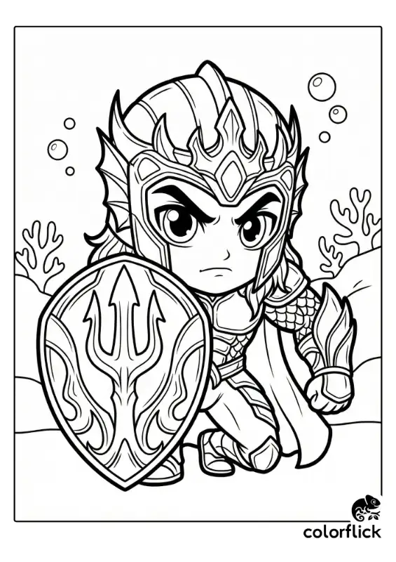 A chibi-style Aquaman character standing firm in full Atlantean scale armor, positioned in a defensive stance. The illustration highlights the armor's texture with clean, bold outlines against a white background.