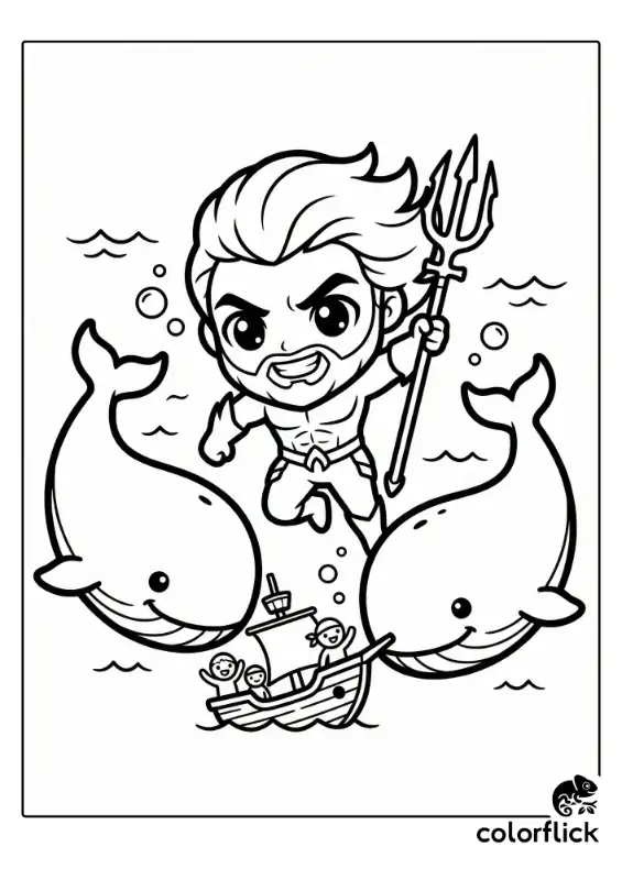 A cute Aquaman holding his trident high to signal a large friendly whale near a shipwreck. The scene features bold lines showing the hero communicating with sea life to help the crew.