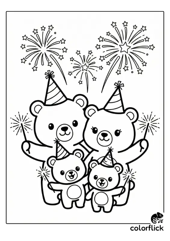 Cute coloring page of a family of four bears wearing party hats, holding sparklers, and watching star-shaped fireworks explode overhead.