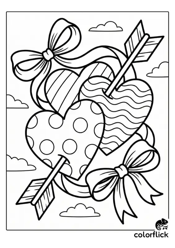 A large decorative heart featuring simple patterns, wrapped in a festive ribbon and crossed by an arrow in bold black outlines.