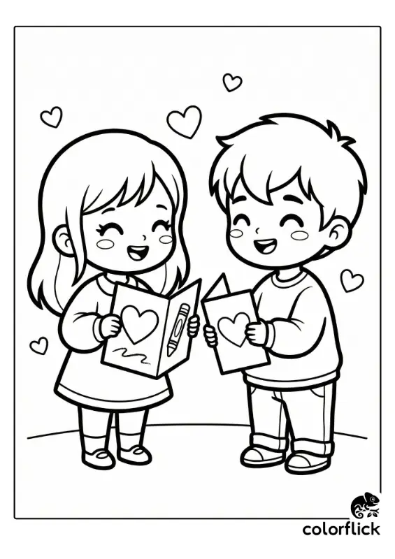 A cute boy and girl standing together smiling while trading handmade Valentine's Day cards featuring large heart designs.