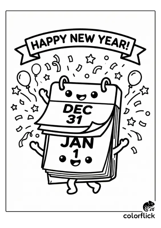 A cute, cheerful calendar character with a "Happy New Year" banner, showing the page flipping from "DEC 31" to "JAN 1" amidst confetti and balloons.