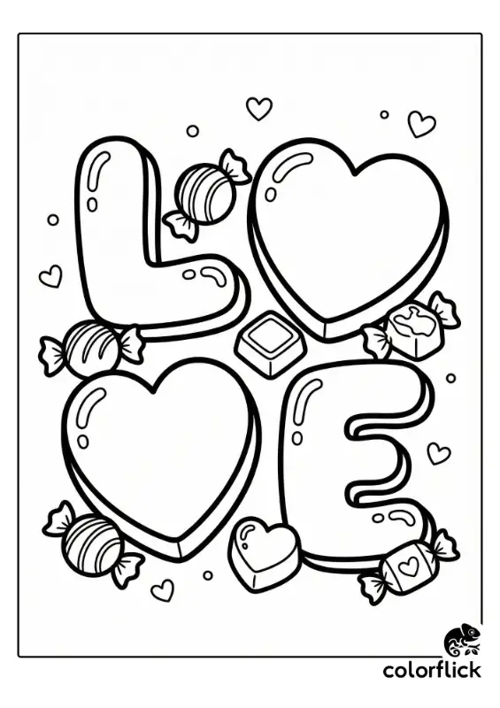 A sweet arrangement of assorted chocolates and heart-shaped candies laid out to spell the word "LOVE" in large, bold letters.