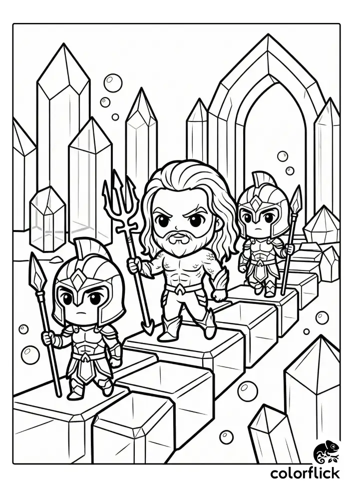 A black and white coloring page featuring a cute chibi Aquaman holding a trident, leading two armored Atlantean guards along a path made of large crystal blocks in an underwater city setting with bubbles.