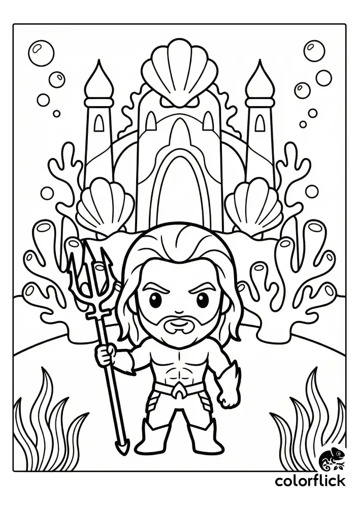 A black and white coloring page showing a cute chibi Aquaman holding a trident, standing before a large underwater palace made of shells and coral amidst seaweed and bubbles.