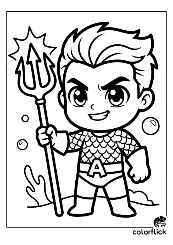A cute, large-headed Aquaman figure stands heroically holding his three-pronged trident, featuring thick outlines and simple underwater details like bubbles.
