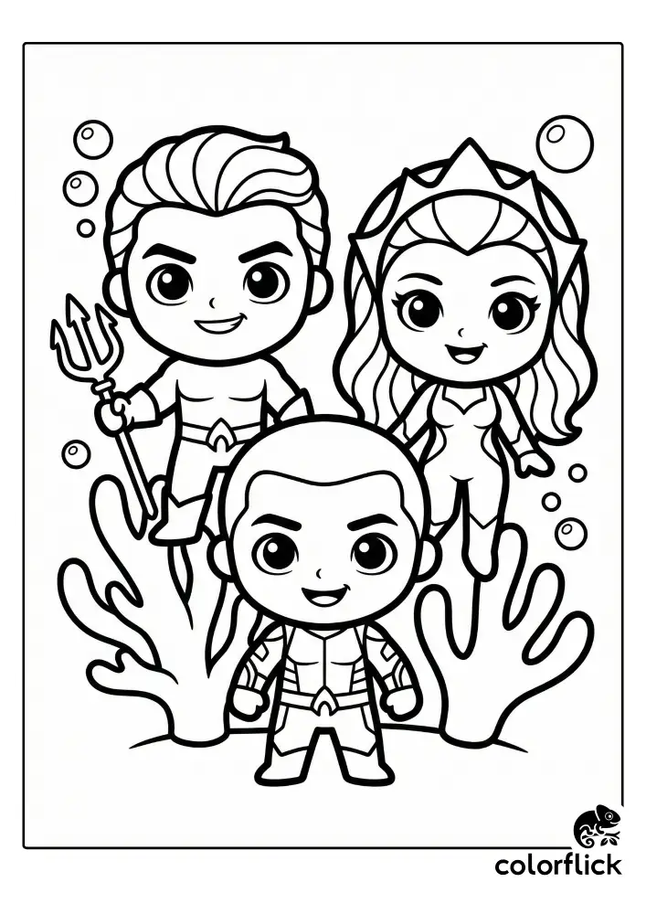 A black and white coloring page showing chibi-style Aquaman, Mera, and Aqualad standing together smiling amidst simple coral reefs and bubbles underwater.