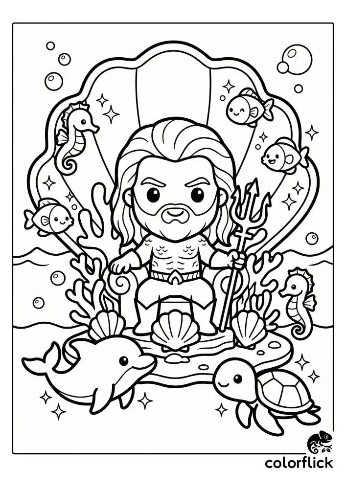 A black and white coloring page featuring a cute chibi Aquaman holding a trident, seated on a large clamshell throne surrounded by smiling dolphins, turtles, seahorses, and fish amidst bubbles and sparkles.
