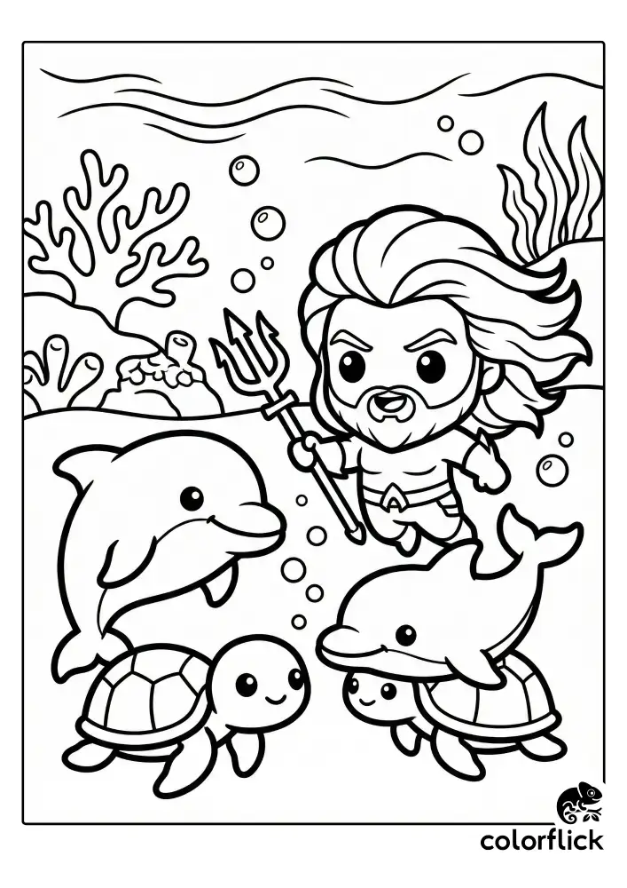 A black and white coloring page showing a cute, chibi-style Aquaman holding a trident and smiling as he swims underwater surrounded by two friendly dolphins, two sea turtles, and bubbles.