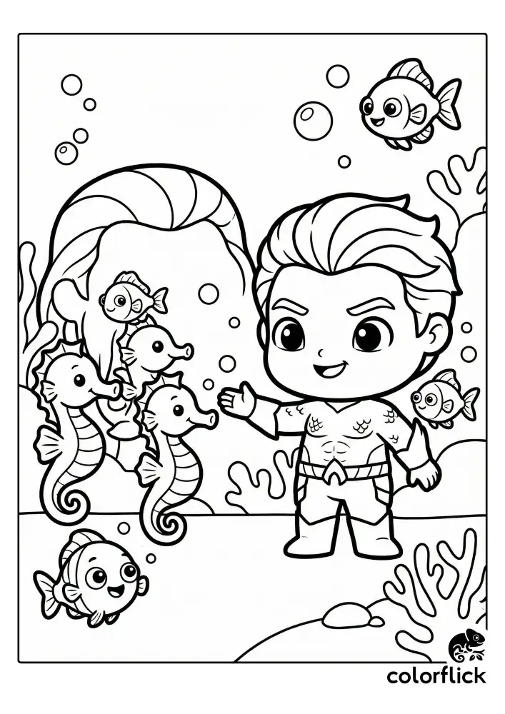 A black and white coloring page showing a smiling chibi Aquaman character gesturing to a group of friendly seahorses and small cartoon fish underwater.