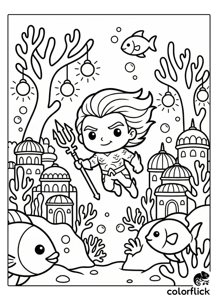 A cute black and white coloring page featuring chibi Aquaman holding a trident, swimming through a coral reef city decorated with hanging glowing sea lanterns, friendly fish, and bubbles.