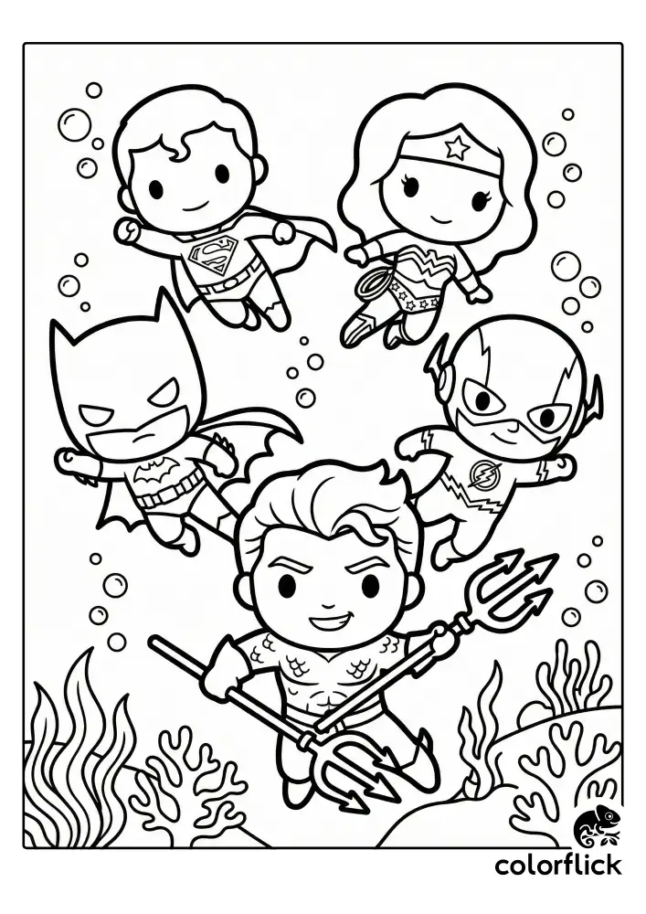 A black and white coloring page showing adorable chibi versions of Superman, Wonder Woman, Batman, and The Flash swimming underwater, led by Aquaman holding his trident front and center.
