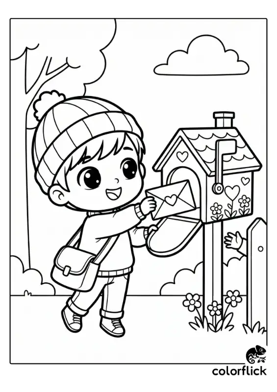 A cute child standing on tiptoes to drop a heart-sealed envelope into a mailbox, illustrated in a clean and simple black and white vector style.