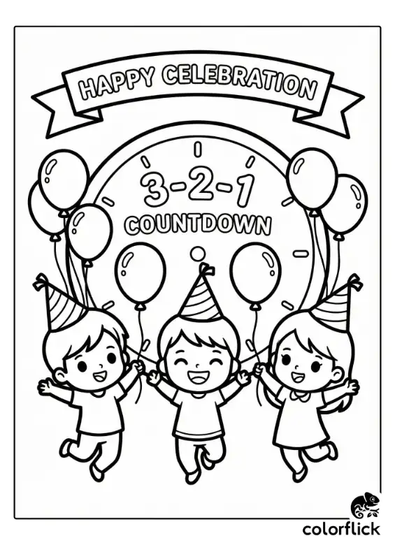 Cute coloring page of three happy children wearing party hats and holding balloons, jumping in front of a large countdown clock and a "Happy Celebration" banner.