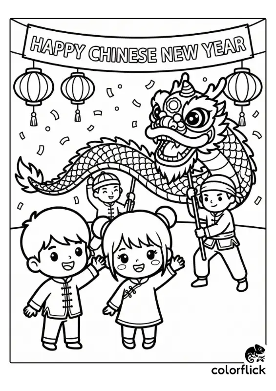 Cute coloring page showing a boy and girl waving happily as they watch a traditional dragon dance performance under lanterns and a Happy Chinese New Year banner.