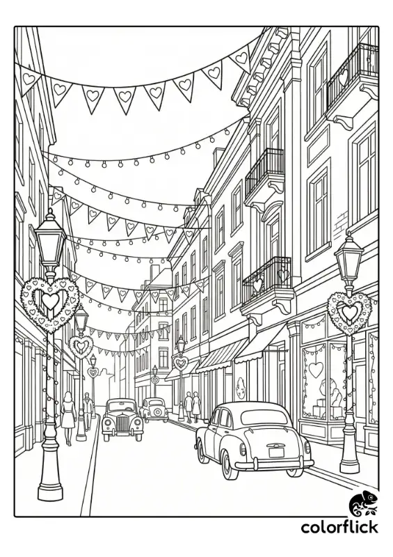 A charming city street view featuring buildings and street lamps decorated with heart-shaped bunting and string lights in a clean outline style.