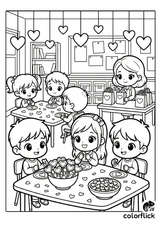 A festive classroom scene filled with heart decorations and candy, where happy students are celebrating a Valentine's Day party in a cute chibi style.