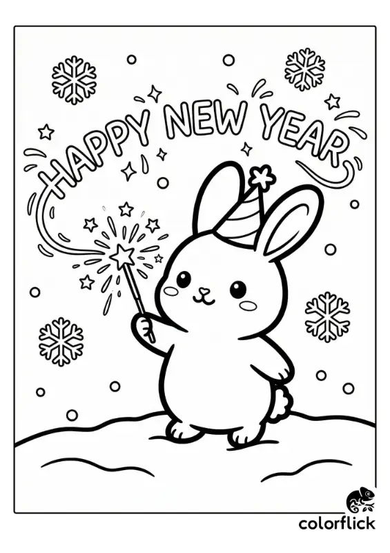 A cute bunny wearing a party hat holds a magic sparkler, writing "Happy New Year" in the snowy air with stars and snowflakes falling around.