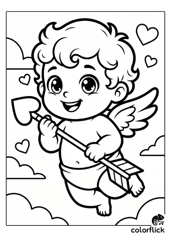 A happy chibi cupid with curly hair floating among simple clouds, holding a large arrow with a heart-shaped tip in a bold line art style.