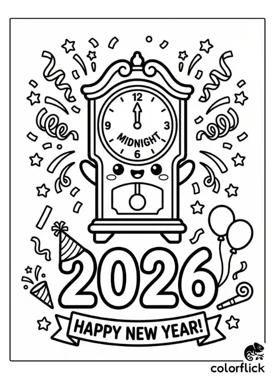 Cute coloring page of a happy grandfather clock striking midnight, surrounded by confetti, stars, and the year 2026 with a "Happy New Year!" banner.