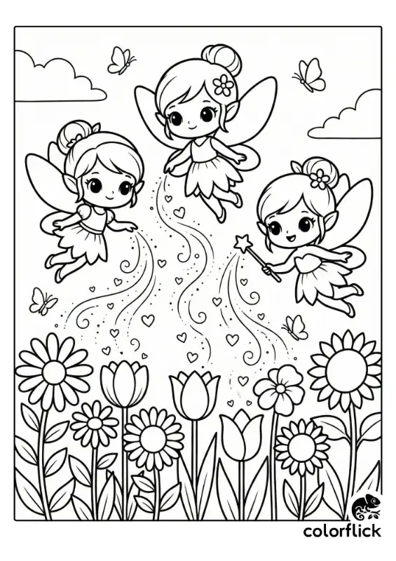 A whimsical fairy hovering above blooming flowers, scattering heart-shaped sparkles in a sweet vector illustration.
