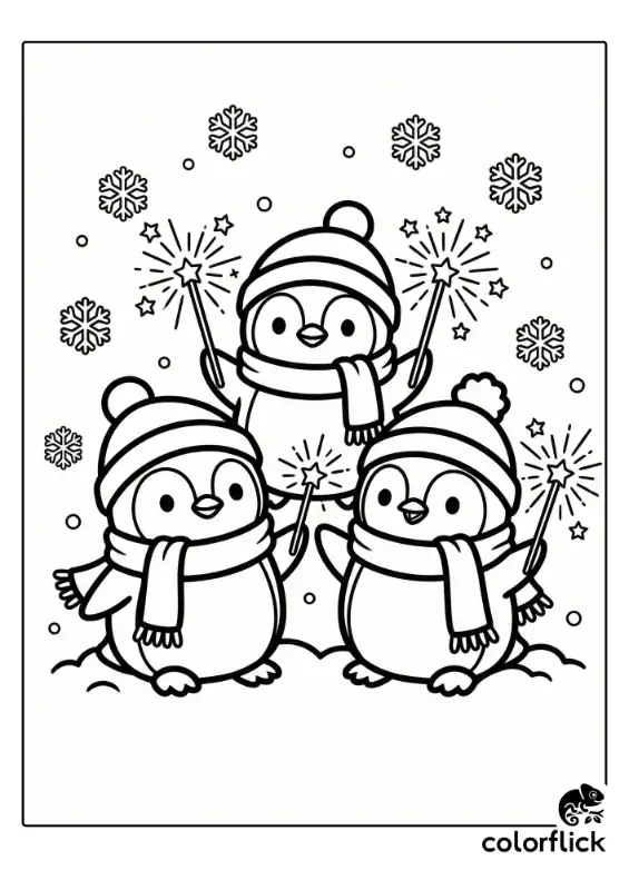 A cute coloring page showing three adorable penguins wearing winter hats and scarves, holding sparkling sparklers as large snowflakes fall around them.