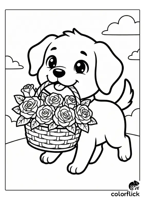 A joyful chibi puppy carrying a woven basket filled with blooming roses, drawn with thick and clean lines.