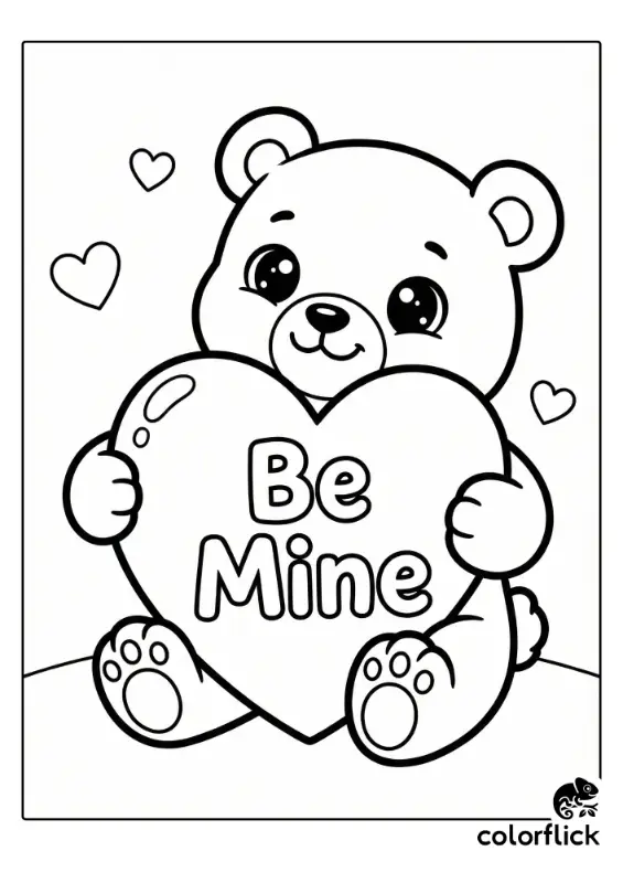 A lovable teddy bear tightly hugging a large heart with the words "Be Mine" written across it in a bold, easy-to-color font.