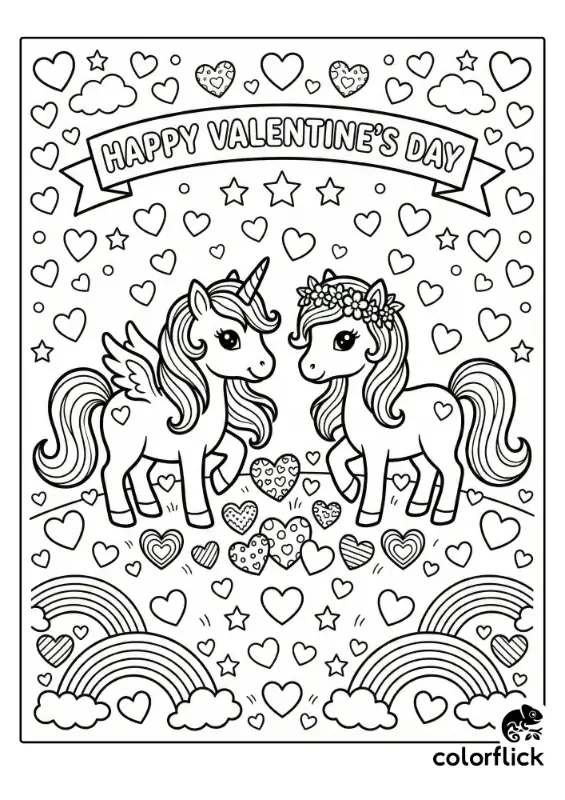 A happy unicorn sitting under a large rainbow surrounded by floating hearts and clouds, drawn in a kawaii style with thick black outlines.