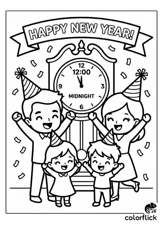 Cute family of four wearing party hats, cheering happily as a grandfather clock strikes 12:00 midnight under a Happy New Year banner with falling confetti.