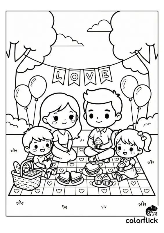 A happy family sitting together on a picnic blanket in the park enjoying a Valentine's Day outing, drawn in a cute and simple line art style.