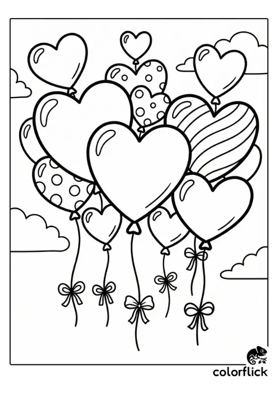 A cheerful cluster of heart-shaped balloons floating upwards with curly strings, drawn in a simple and bold outline style.