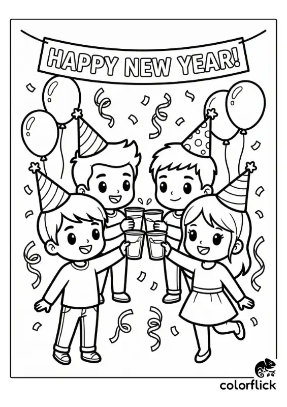 Cute coloring page of four friends wearing party hats, raising their glasses for a toast under a "Happy New Year" banner amidst confetti and balloons.