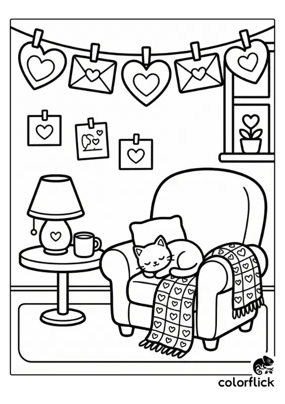 A simple and cute interior scene showing a garland of heart-themed cards hanging on a wall, illustrated with bold, clean lines suitable for young children.