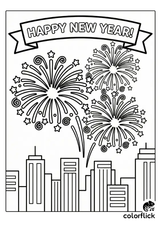 A coloring page showing big bursts of fireworks exploding above a city skyline, with a banner that says "Happy New Year!" at the top.