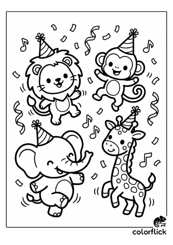A cheerful coloring page featuring a lion, monkey, elephant, and giraffe wearing party hats and dancing happily amidst falling confetti and streamers.