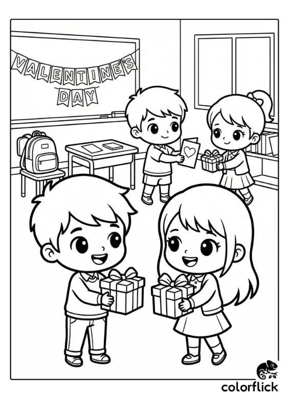 Happy classmates exchanging wrapped Valentine's gifts in a simple classroom setting, illustrated in a cute chibi style with bold outlines.