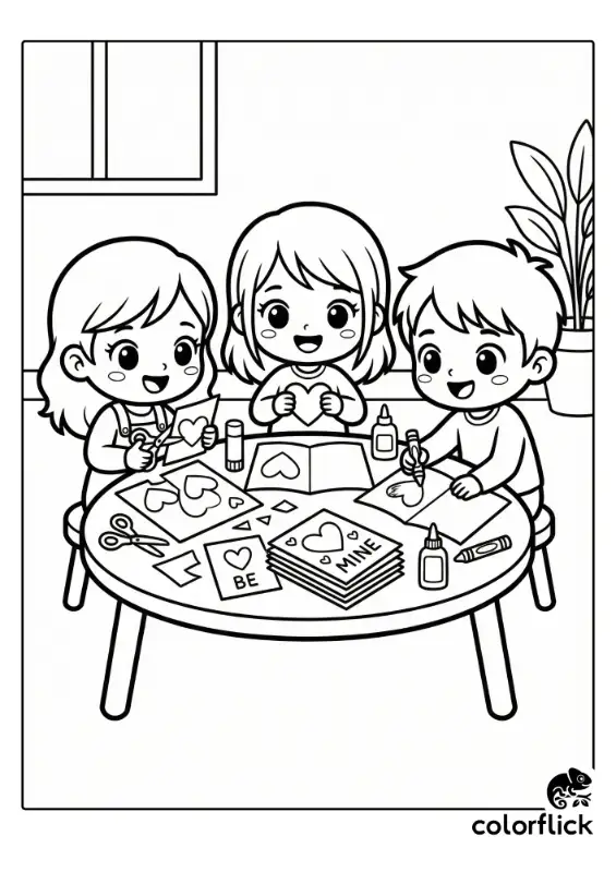 Two happy friends sitting at a craft table cutting out paper hearts and using glue to make Valentine's Day cards in a bold outline style.
