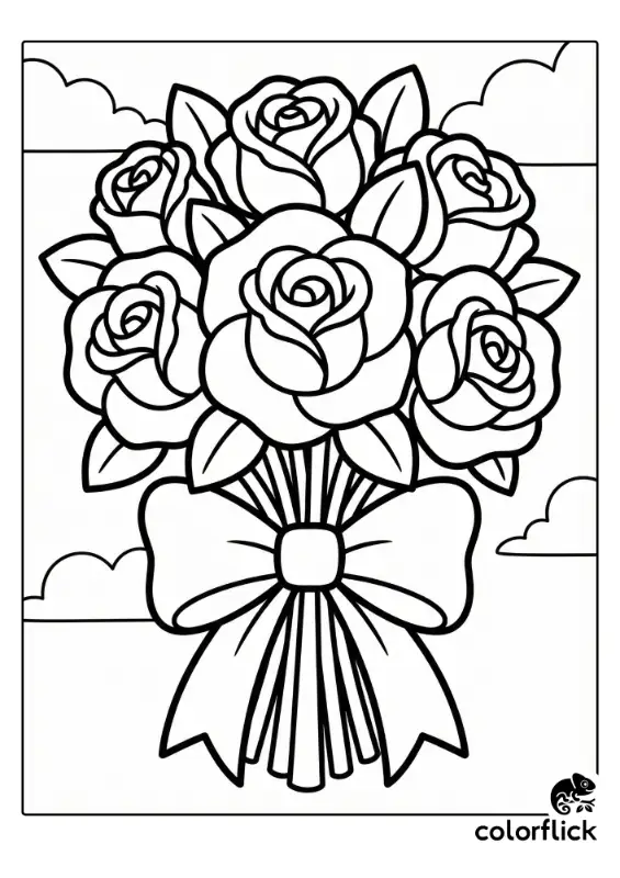 A beautiful bouquet of blooming roses tied together with a large ribbon bow, drawn in clean and bold black outlines.