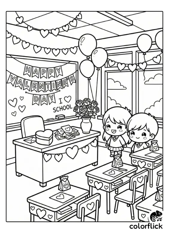 A school classroom chalkboard and desks decorated with festive heart streamers and banners for Valentine's Day in a simple line art style.